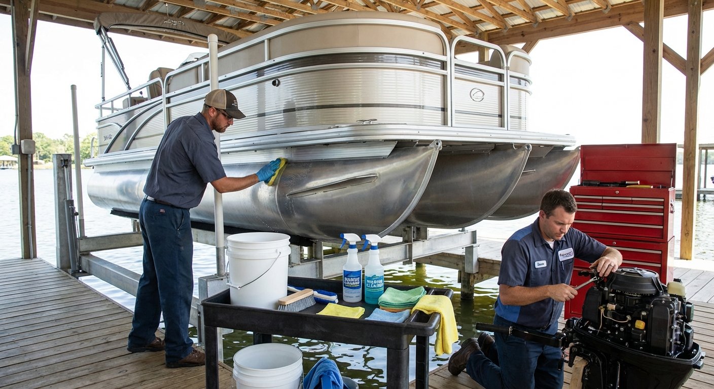 Technician performing routine maintenance on a pontoon boat engine and lower unit