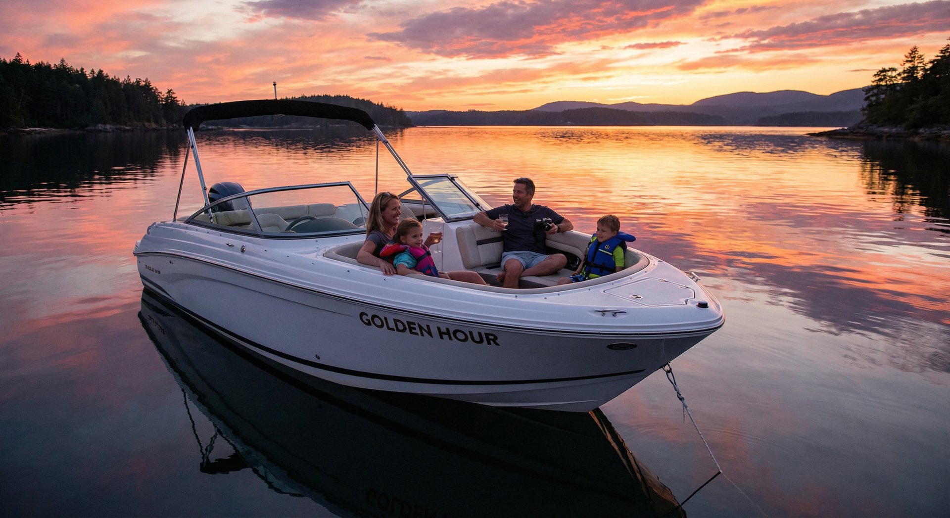 Bowrider boat on calm water at sunset with family aboard