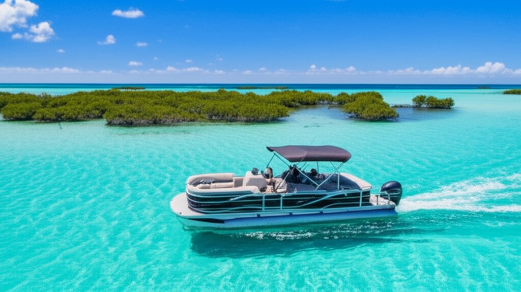 Pontoon boat in crystal clear South Florida waters with mangroves in background