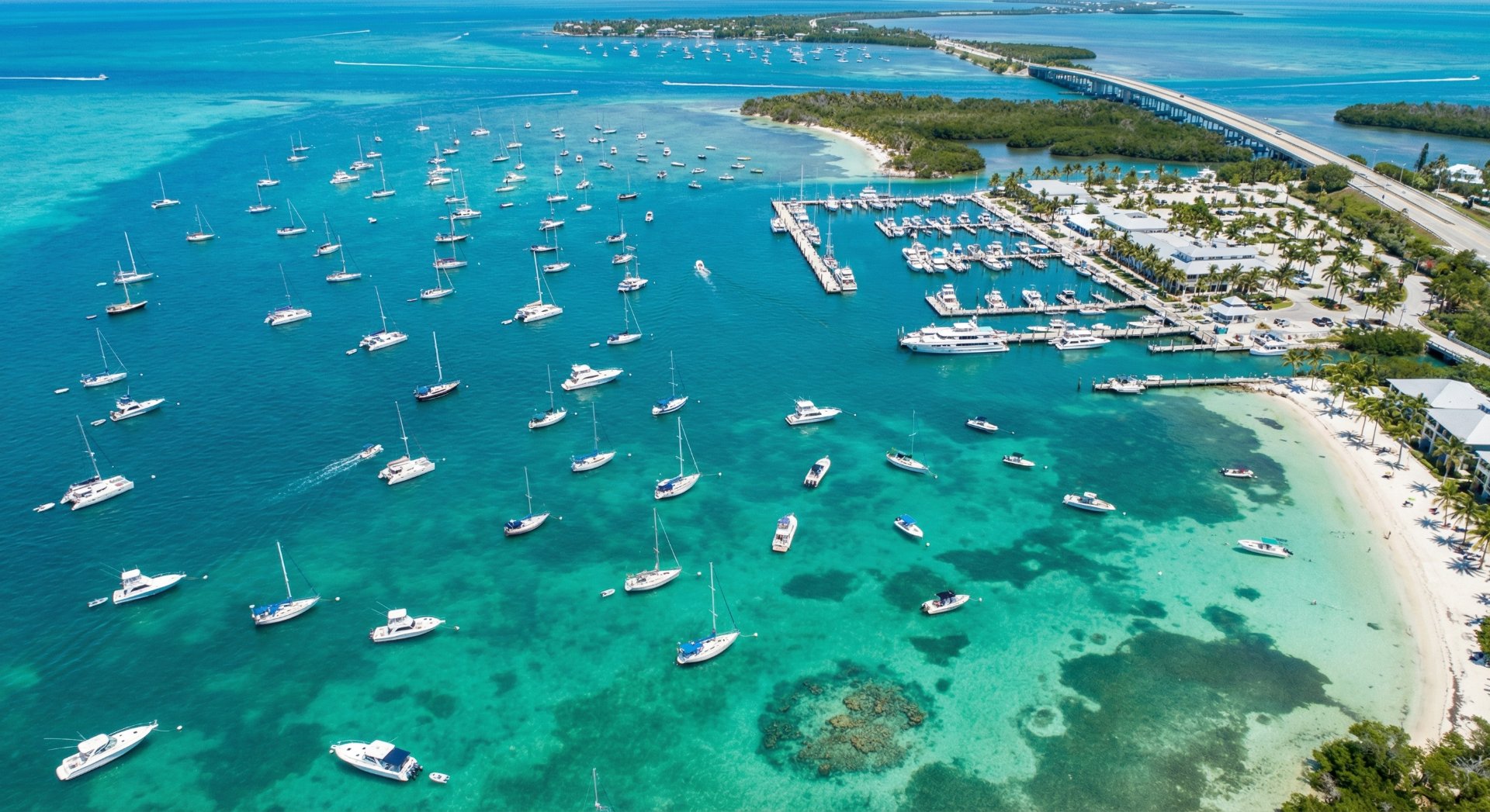 Aerial view of boats on turquoise water near a coastal U.S. marina