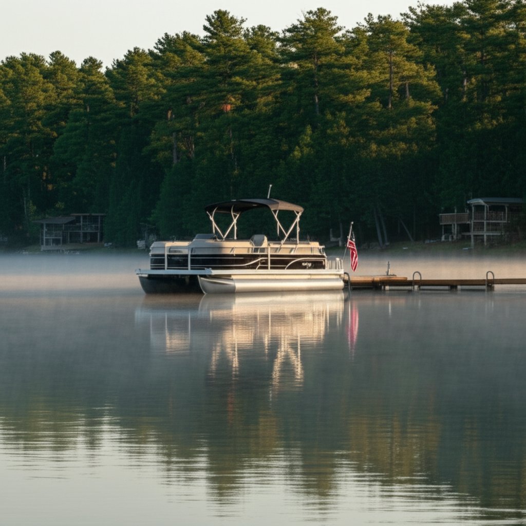 Pontoon boat on a calm Midwest lake surrounded by pine trees and a dock with an American flag