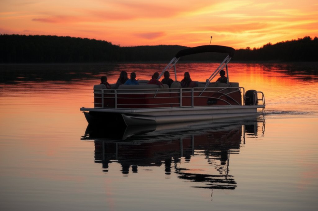 Family pontoon boat at sunset on calm lake, sunset reflecting on water, family enjoying together