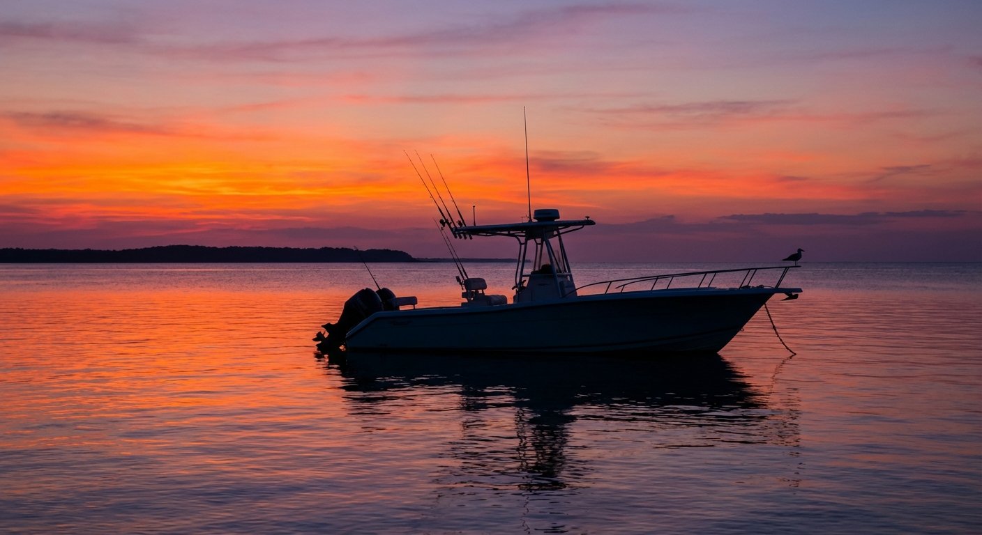 Center console boat on calm water at sunset