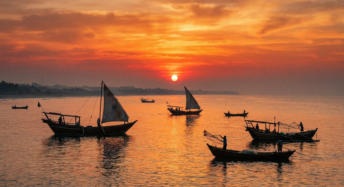 Sunrise over calm water with fishing boats