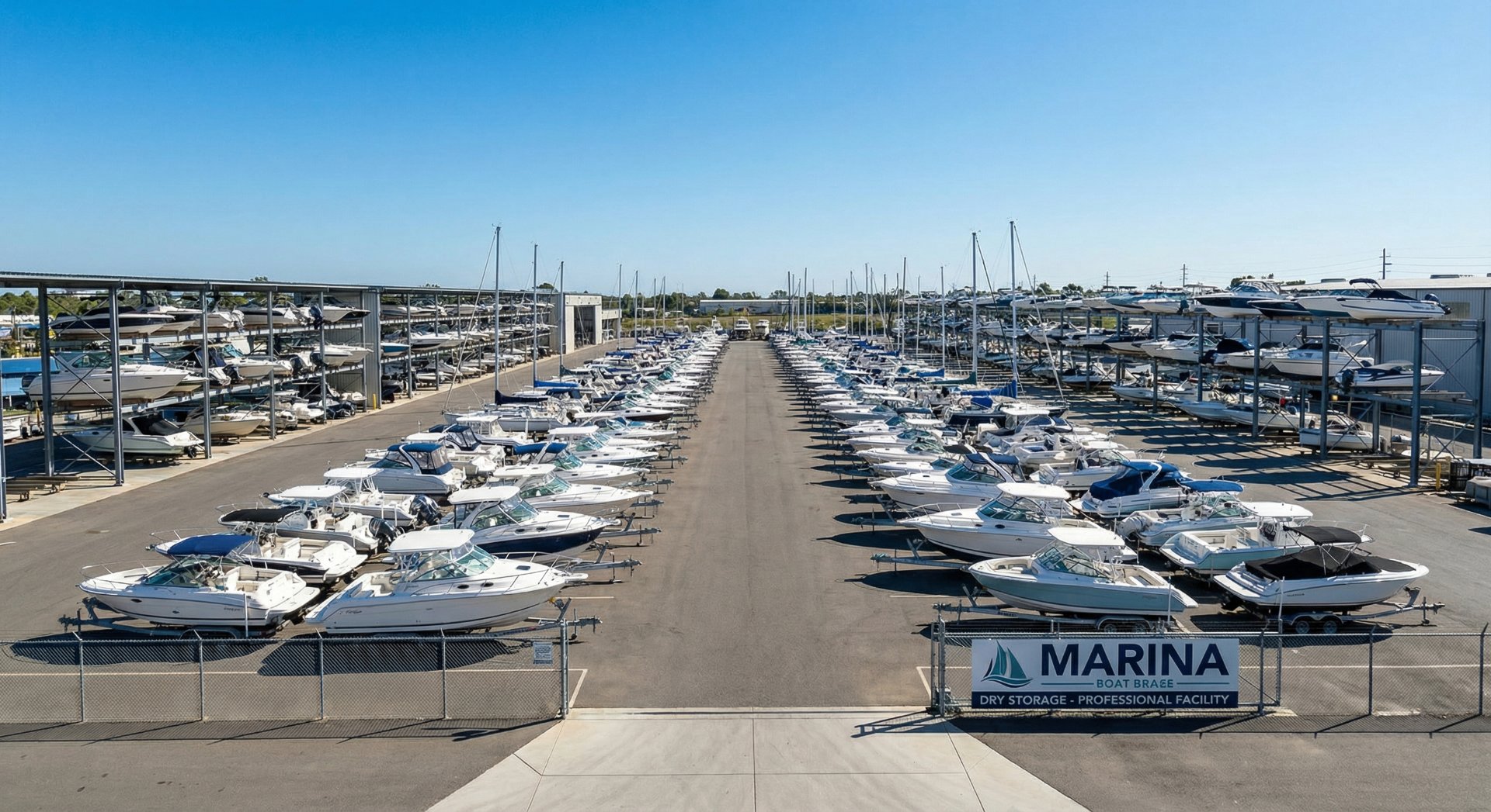 Rows of boats stored at a marina with blue sky