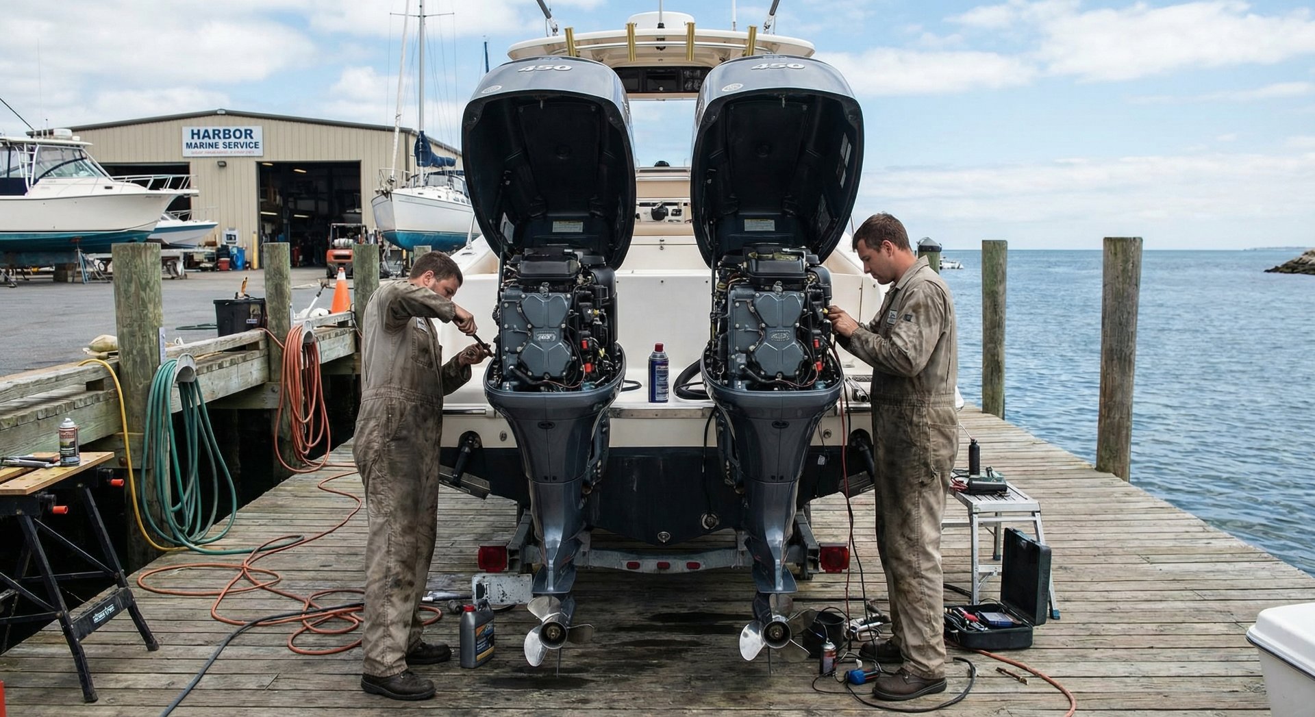 Fishing boat at dock with outboard engines needing maintenance