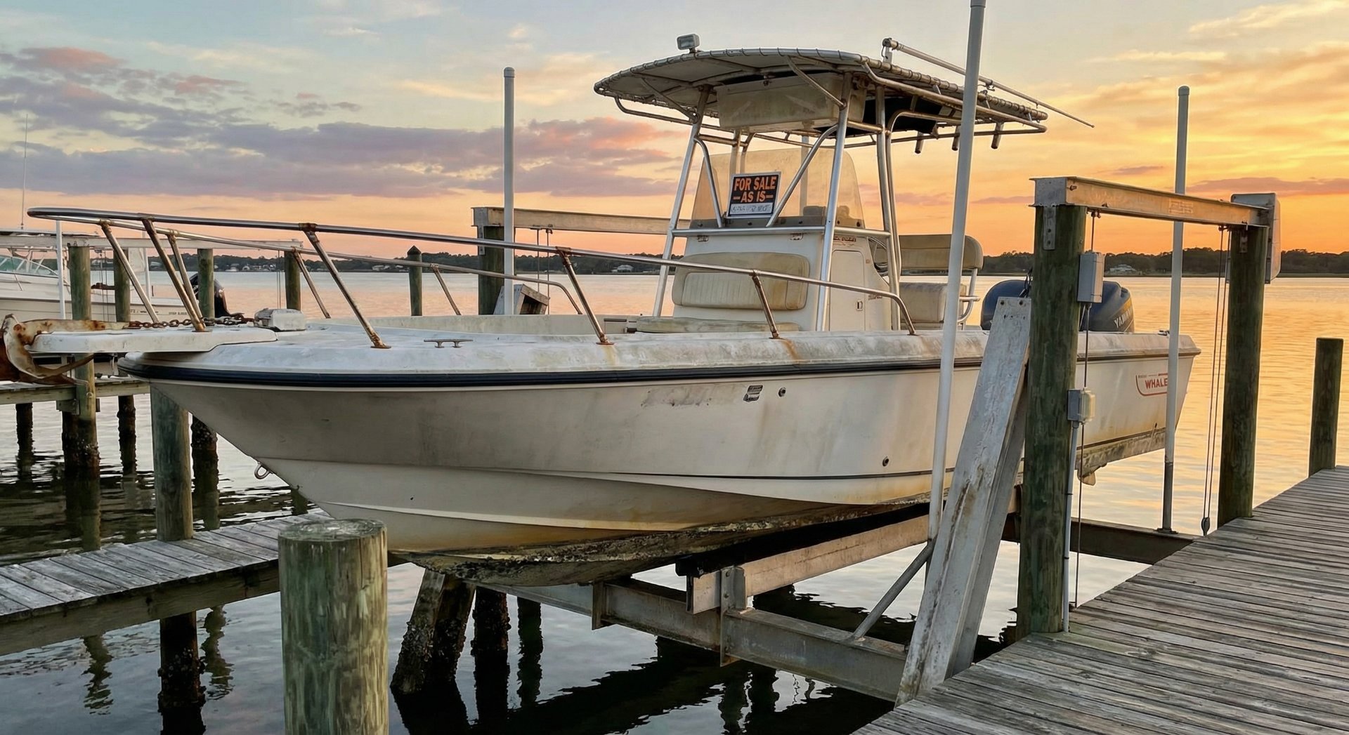 Luxury boat on a lift at sunset