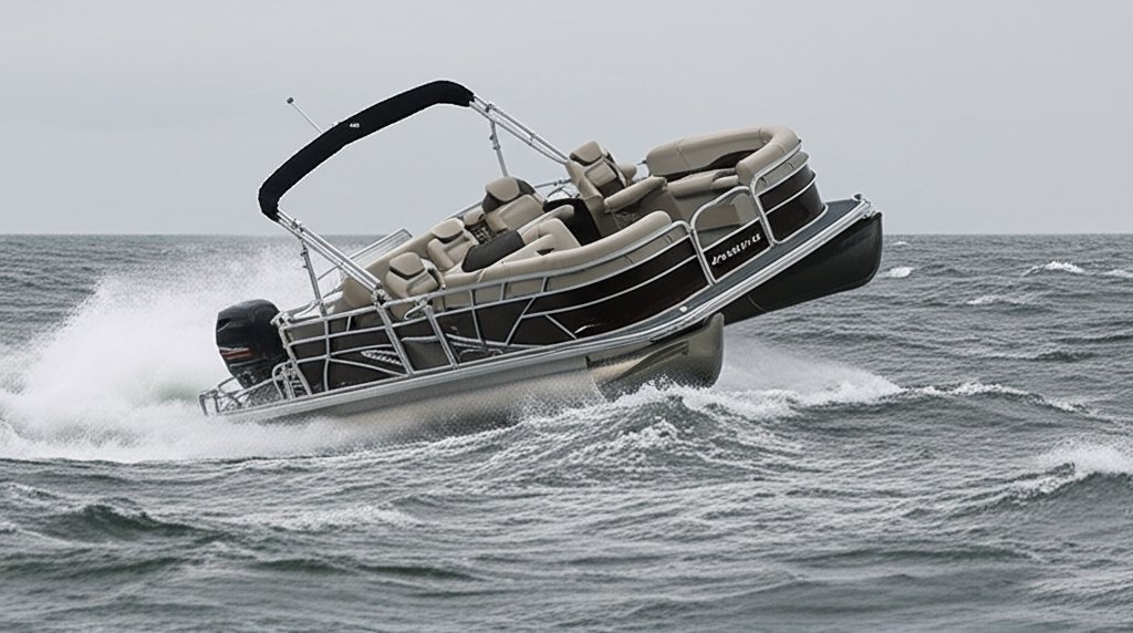 Pontoon boat struggling in rough water and whitecaps, demonstrating performance limitations