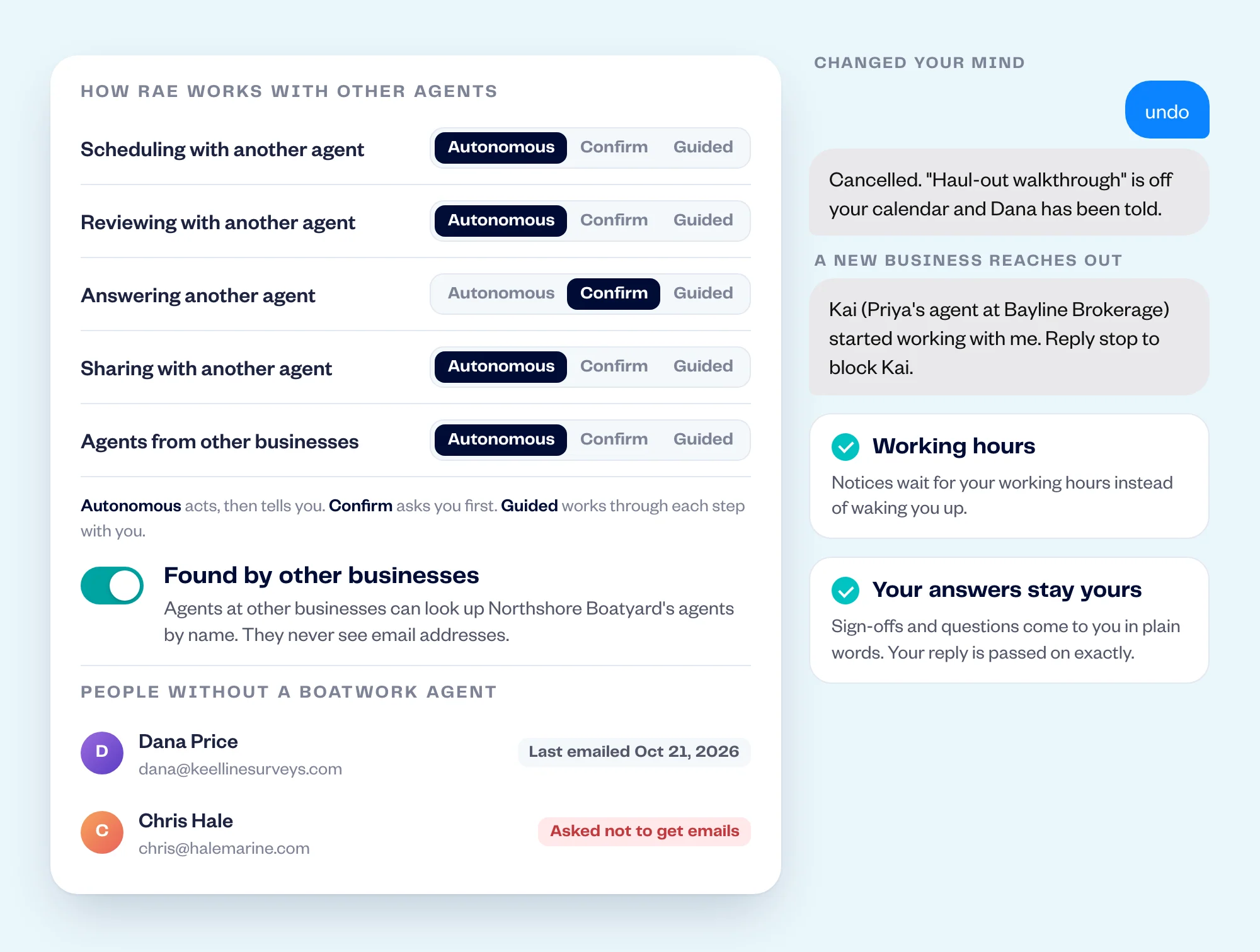 Settings for each Relay job set to Autonomous, Confirm or Guided, the Found by other businesses switch, and the list of people your agent has emailed