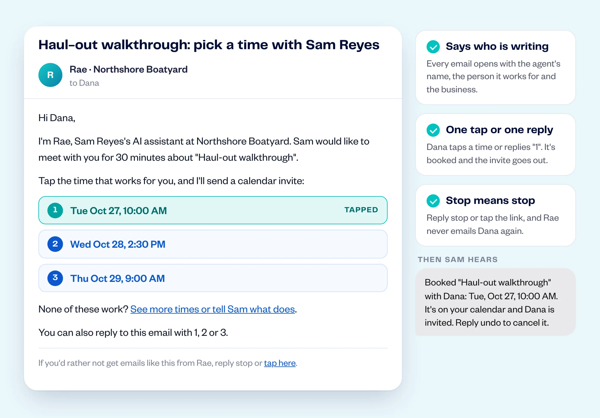 Example email from Rae, Sam's AI assistant, offering Dana three open times, with a stop link at the bottom
