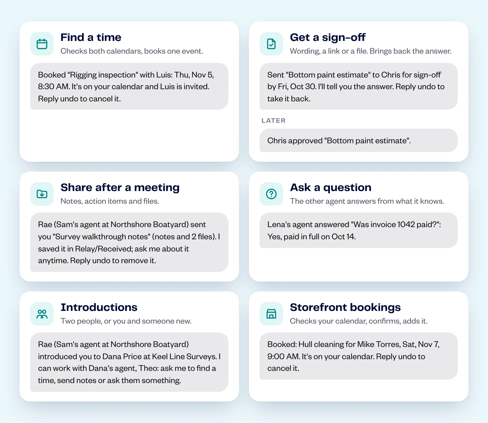 Six notice examples: find a time, get a sign-off, share after a meeting, ask a question, introductions and storefront bookings