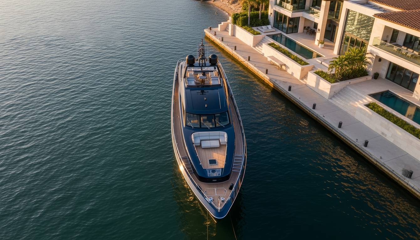 Aerial view of a large navy motor yacht moored beside a modern waterfront villa with a pool.