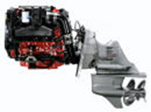 Marine engine with a lower drive unit and twin propellers, shown against a plain background.