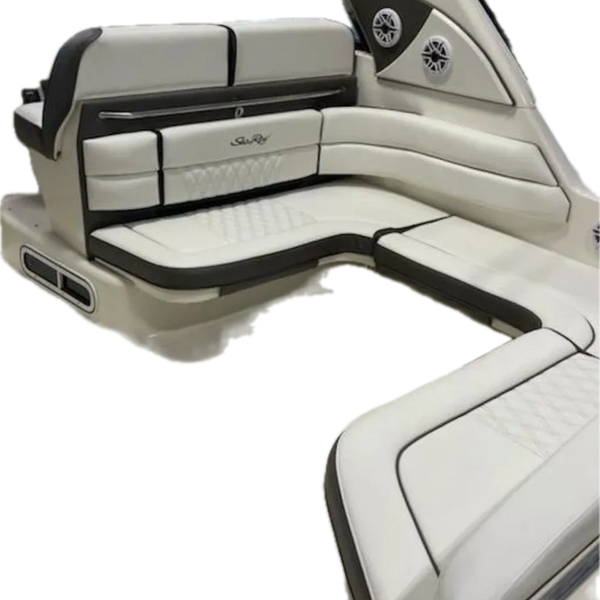 Sea Ray boat lounge seating with white and charcoal diamond-stitched marine upholstery.