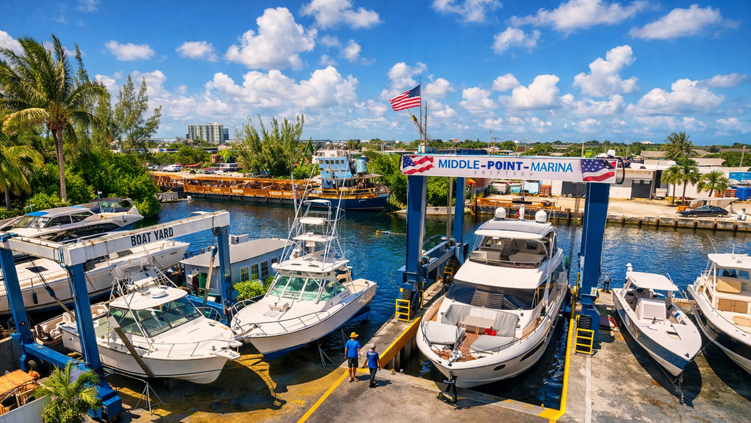 Yachts and sport fishing boats at the Middle Point Marina Shipyard boat yard, with a travel lift at the dock.