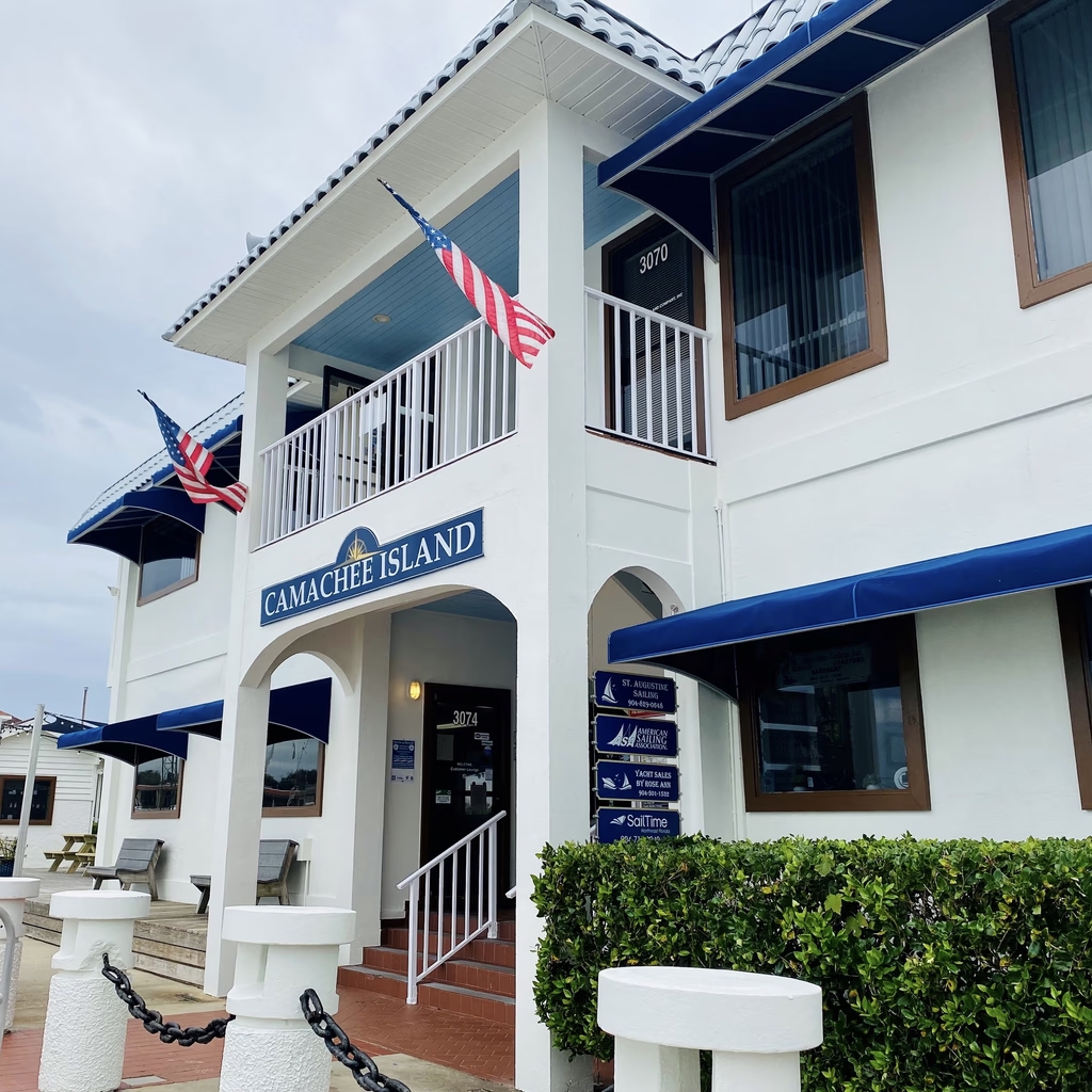 Camachee Island office building with sailing school signage at Camachee Island, St. Augustine.