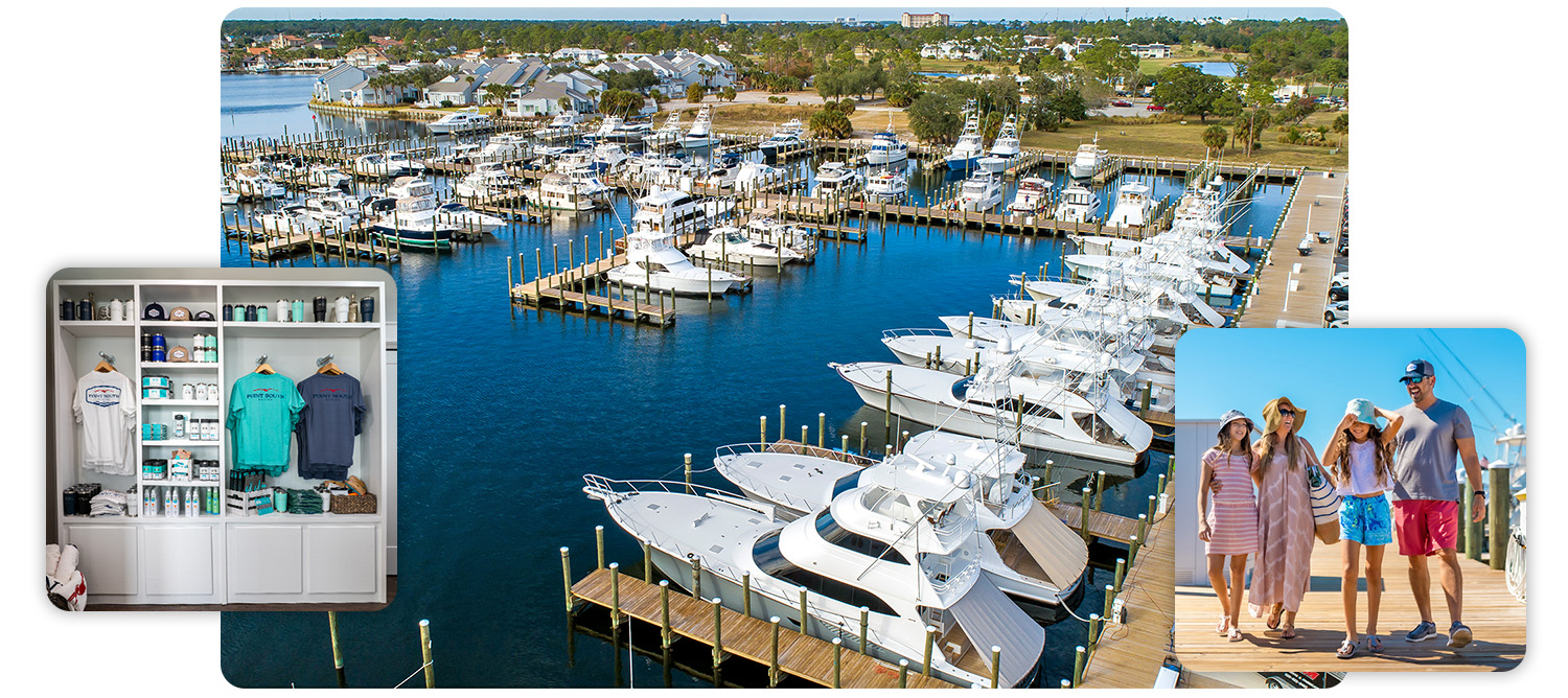 Aerial view of yachts and sport fishing boats docked in slips at Point South Marina, Panama City.