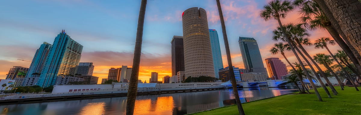 Downtown Tampa skyline at sunset viewed across the Hillsborough River with palm trees framing the waterfront.