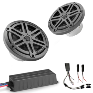 Pair of grey marine speakers with an amplifier module and wiring harness, product photo for a marine audio supplier.