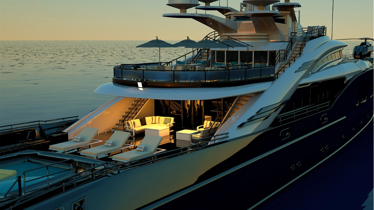 Rendered superyacht aft deck with loungers and seating overlooking calm water at sunset, business and town unknown.
