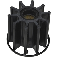 Black rubber marine pump impeller with curved vanes and a metal-lined hub, shown against a white background.