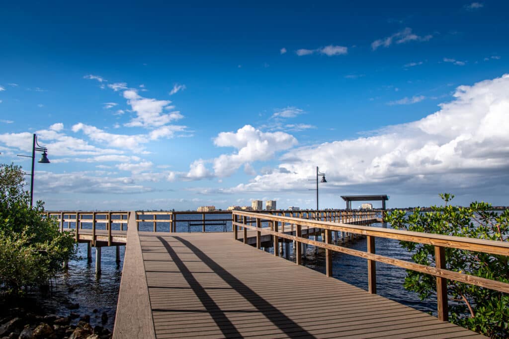 Wooden boardwalk pier extending over calm bay water lined with mangroves, with a city skyline in the distance.