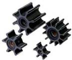 Four black rubber marine pump impellers of different sizes shown against a white background.