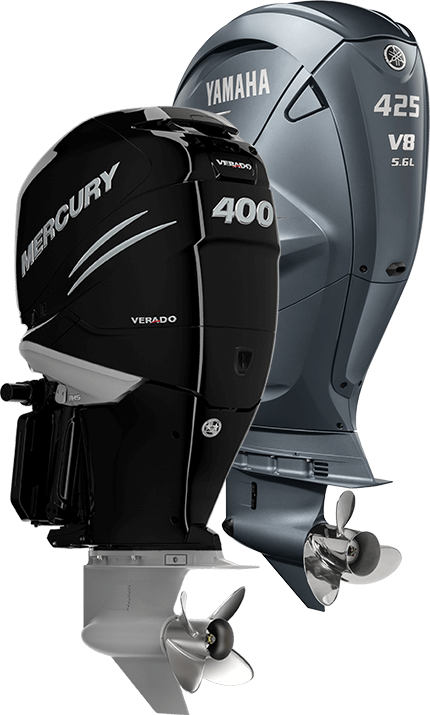 Mercury Verado 400 and Yamaha 425 V8 outboard motors with propellers shown side by side.