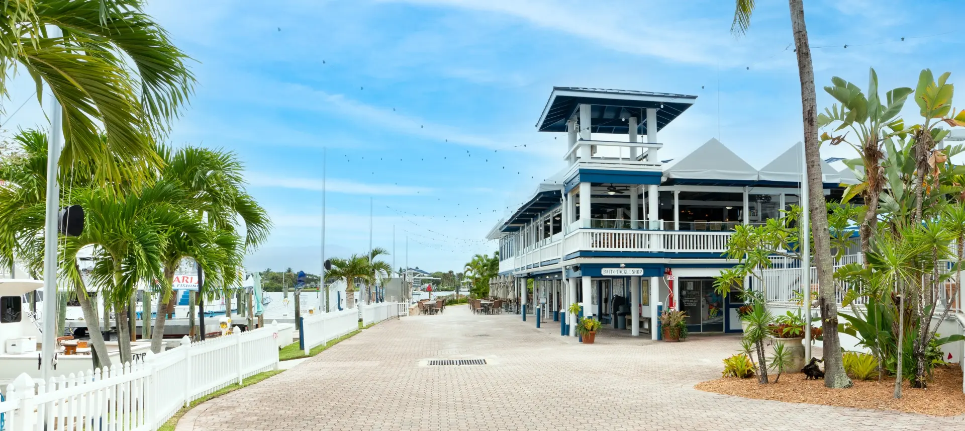 Waterfront promenade with a two-story bait and tackle shop and outdoor dining at a marina-side complex, lined with palm trees and docked fishing boats.