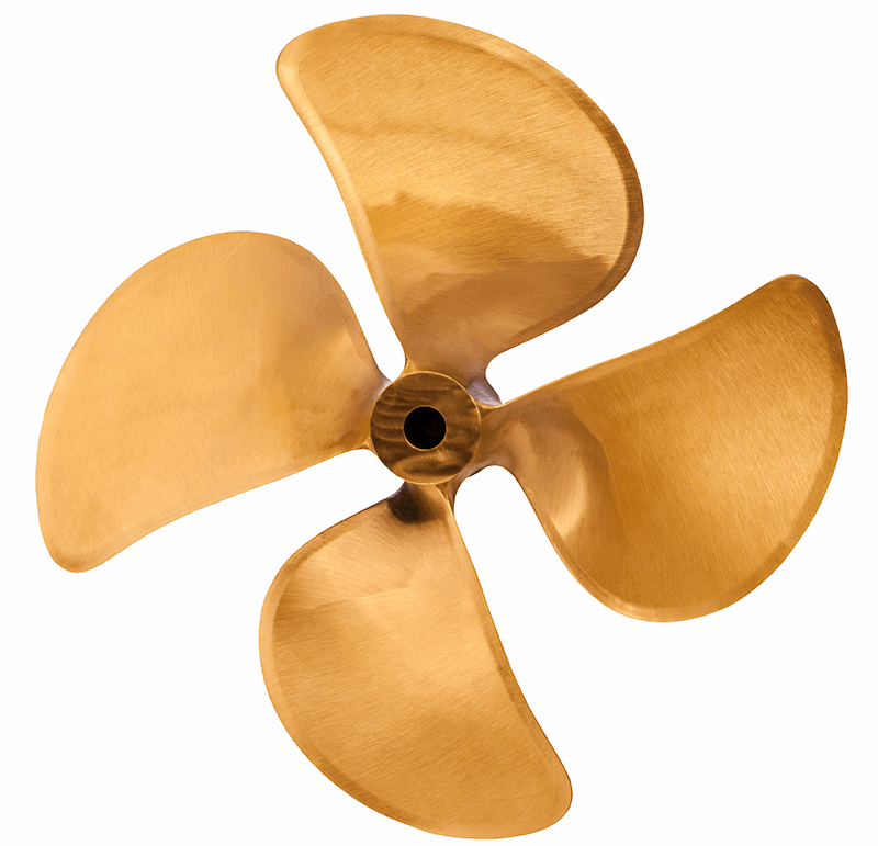 Four-bladed bronze marine propeller photographed against a white background.