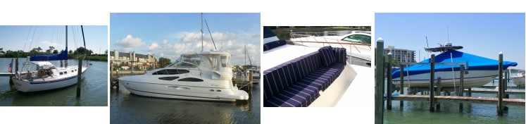Collage of four marine photos showing a sailboat at a dock, a white motor yacht, striped navy boat upholstery, and a blue-covered boat on a lift.