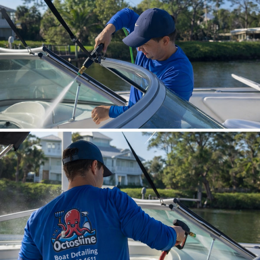 Windshield cleaning on a boat at Octoshine Boat Detailing, shown on a waterway with houses and trees in the background.