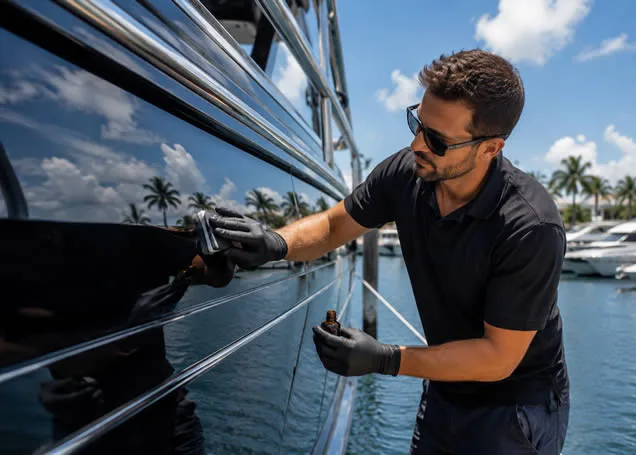 Technician applying a protective coating to a polished yacht hull at a marina, with yachts visible across the water.