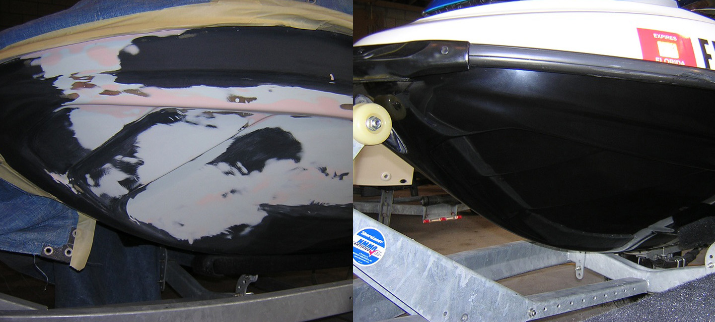 Left: a personal watercraft hull with stripped and patched gelcoat undergoing repair; right: a black-hulled personal watercraft on a galvanized trailer with a Florida registration sticker.
