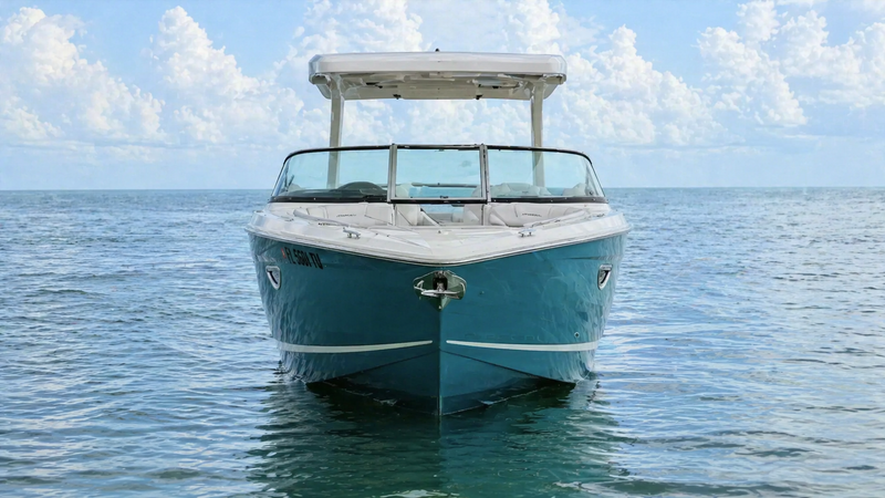 Teal sport boat with a white T-top and windshield at anchor on calm open water under a partly cloudy sky.
