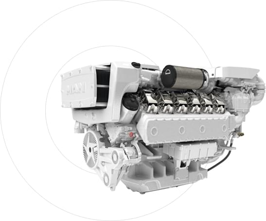 Marine diesel engine by MAN shown in a product view against a white background.