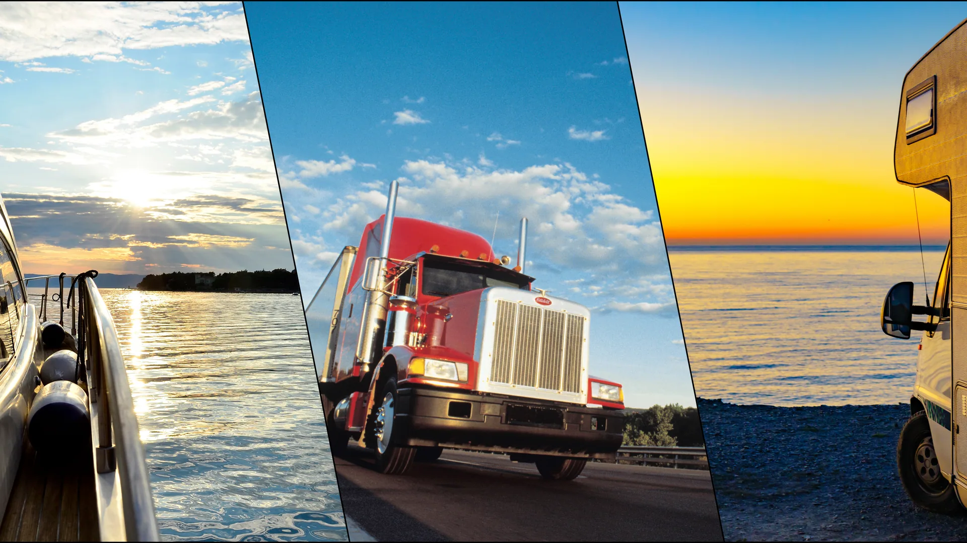 Three-panel collage showing a boat deck on sunlit water, a red semi truck on a road, and a motorhome parked by the sea at sunset.