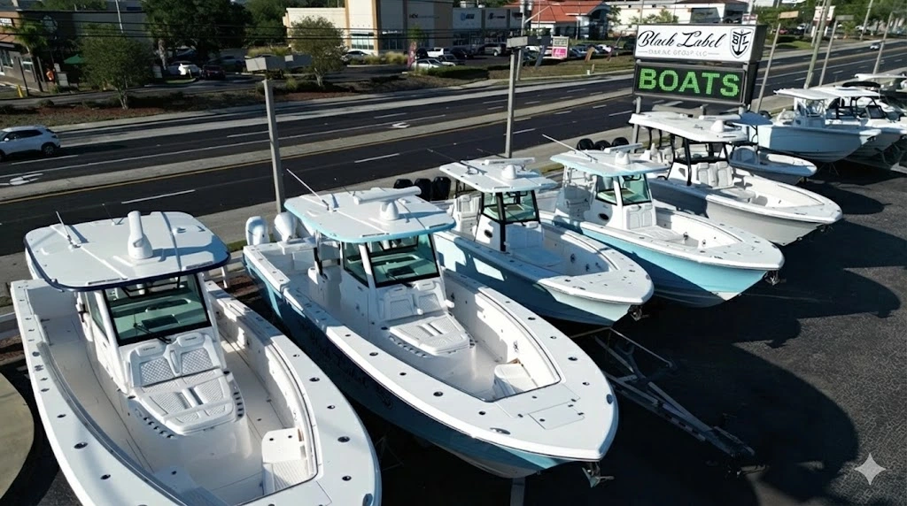 New center-console fishing boats on display at Black Label Marine Group, Punta Gorda.