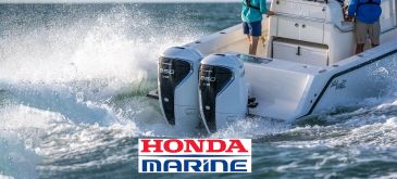 Twin Honda outboard motors powering a white boat across the water, promoted by Honda Marine.