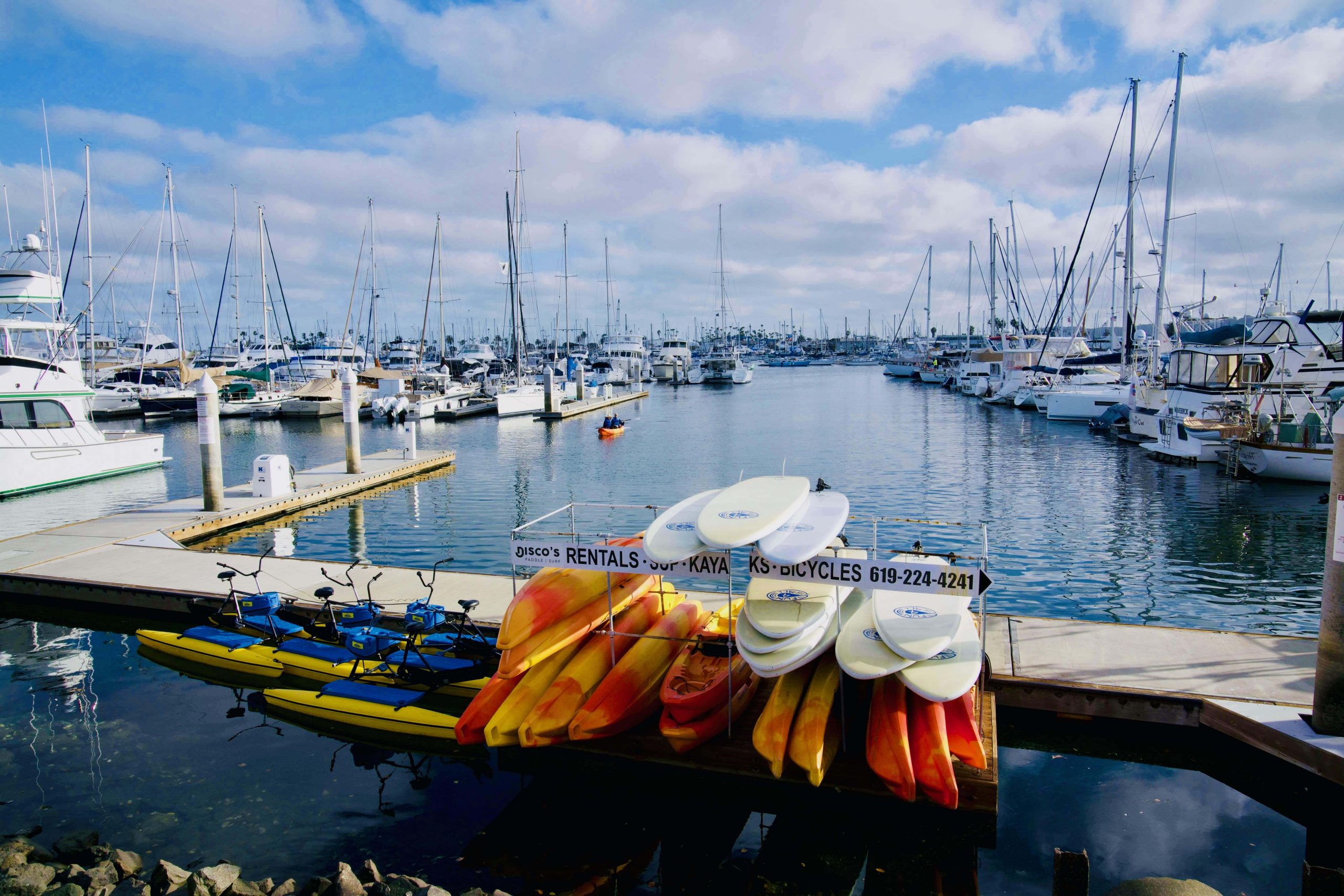 Kayak, paddleboard and bicycle rental stand at Disco's Paddle Surf dock, San Diego