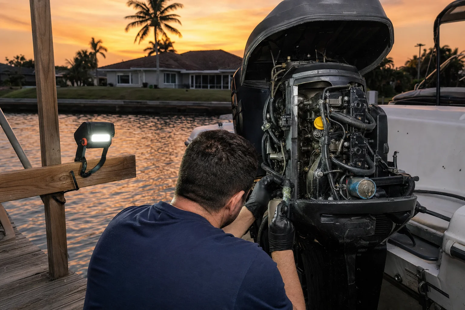 Technician servicing an outboard motor on a boat at a residential canal dock at sunset, business and town not identified.