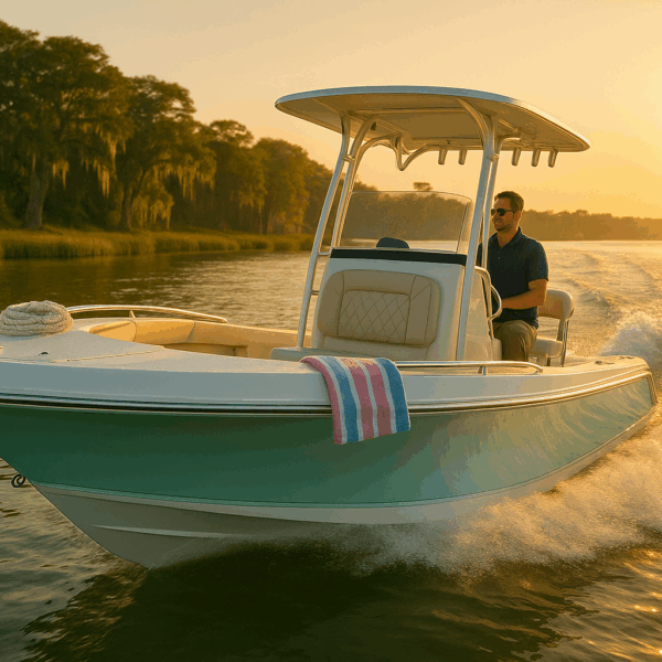 Center console boat with a T-top being driven by a man on a calm river lined with live oaks and Spanish moss at sunset.