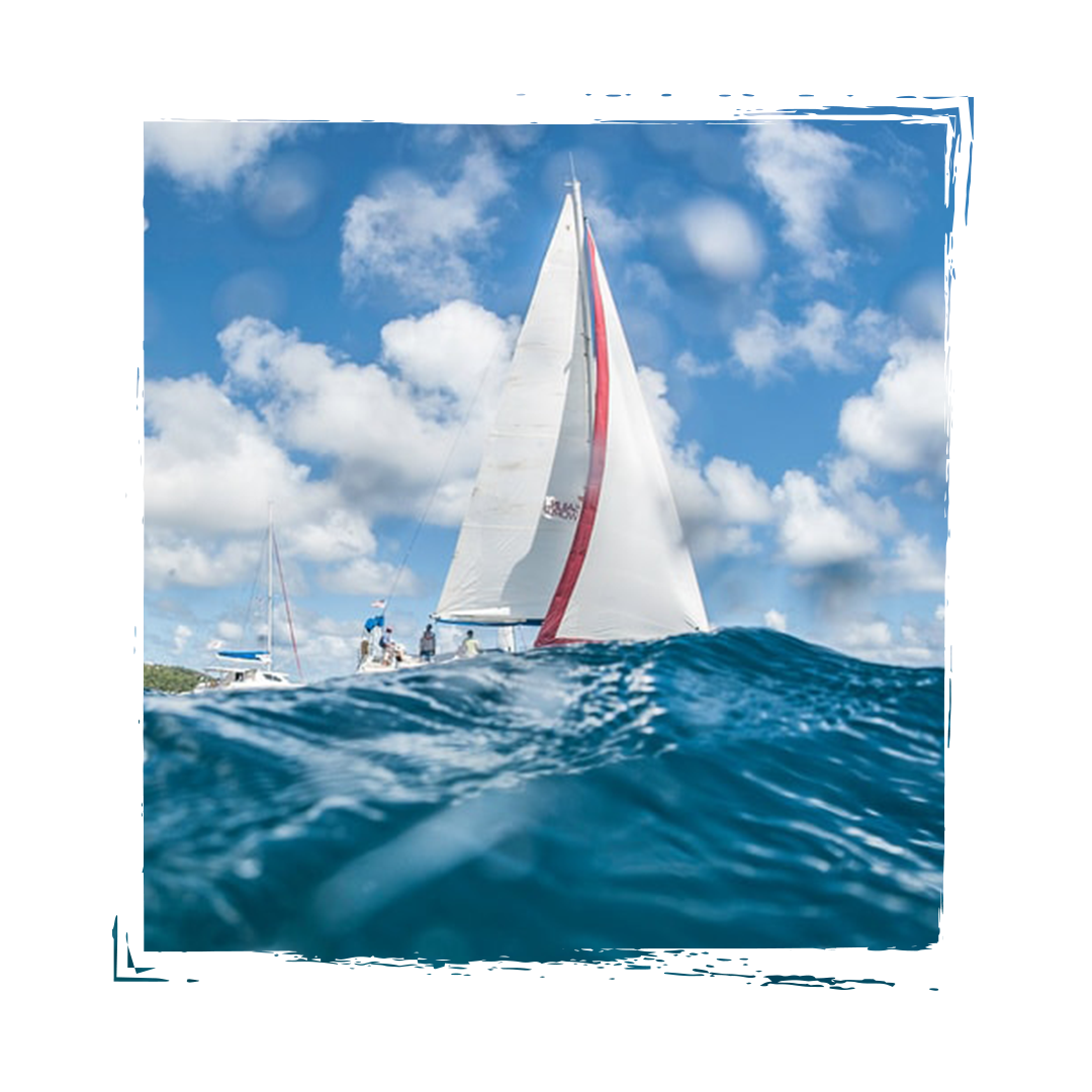 Racing sailboat with white sails and red trim sailing past a second yacht with crew on deck, photographed from the water.