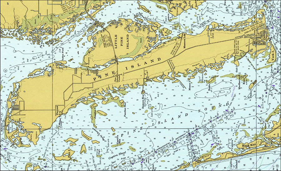 Nautical chart of Pine Island and Pine Island Sound near Saint James City and Bokeelia, Florida, showing depth soundings, channels and surrounding keys.