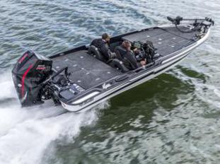 Bass fishing boat with two anglers and an outboard motor speeding across open water.