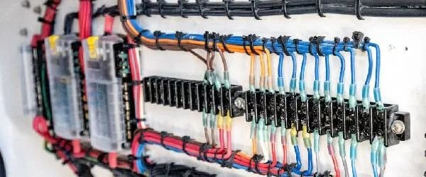 Organized marine electrical wiring panel with fuse blocks and heat-shrink connectors, showing boat wiring work.