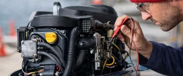 Technician in a red beanie testing the electrical system of an outboard motor with a multimeter, with orange cones in the background.
