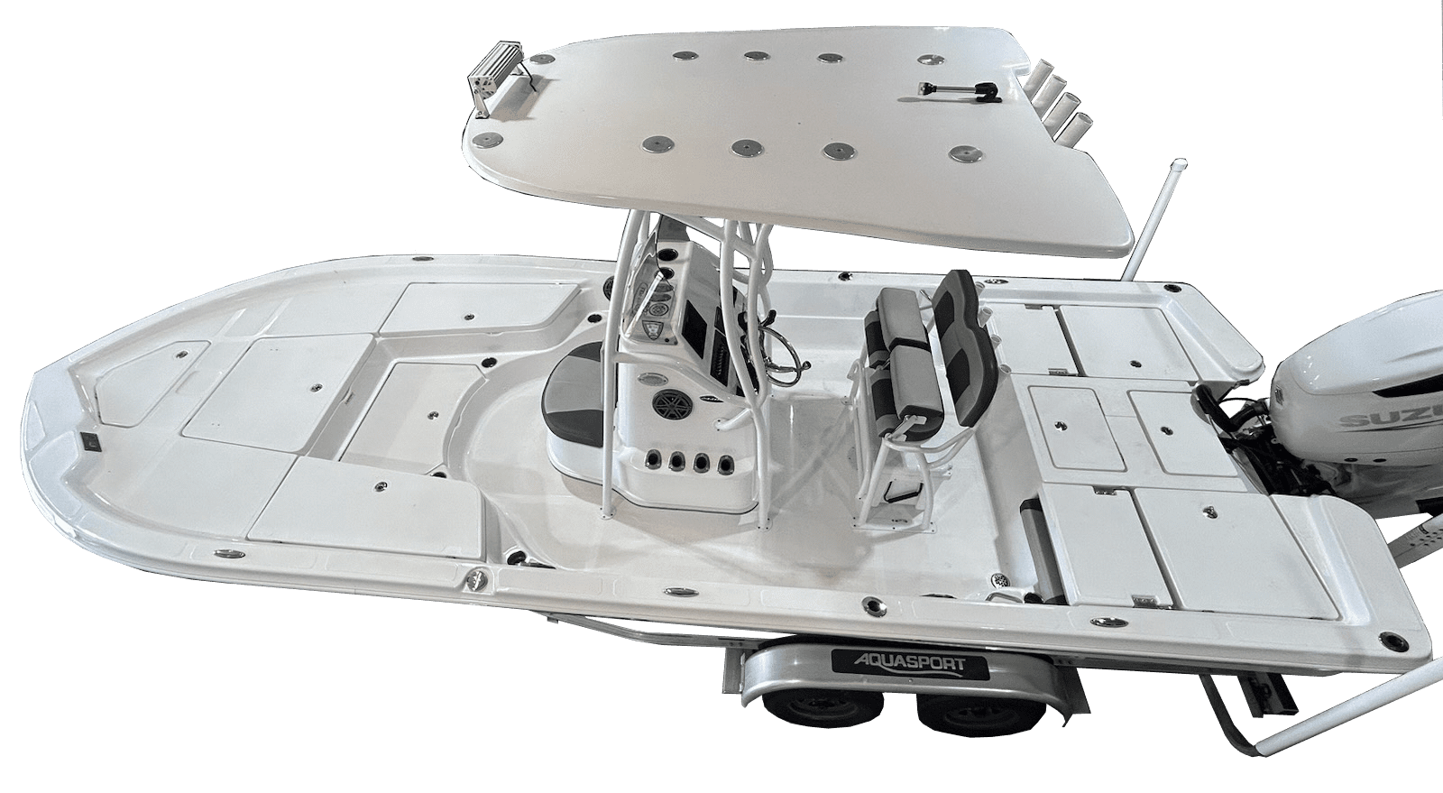 White Aquasport center console boat with a T-top and Suzuki outboard motor on a twin-axle trailer, no business or town shown.