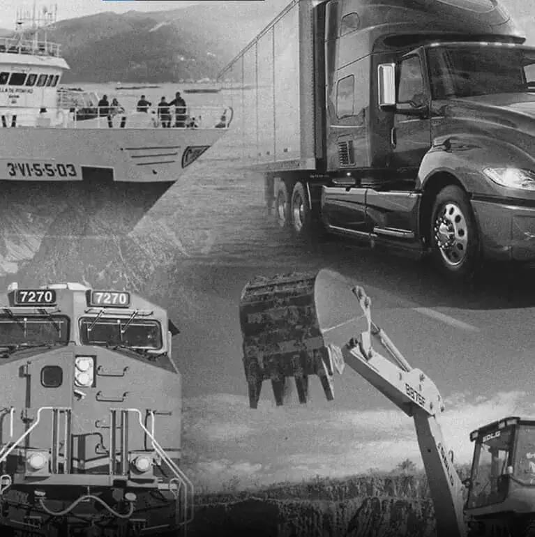 Black-and-white collage of a boat with passengers on deck, a locomotive numbered 7270, a semi truck, and an excavator, with the business name and town not shown.