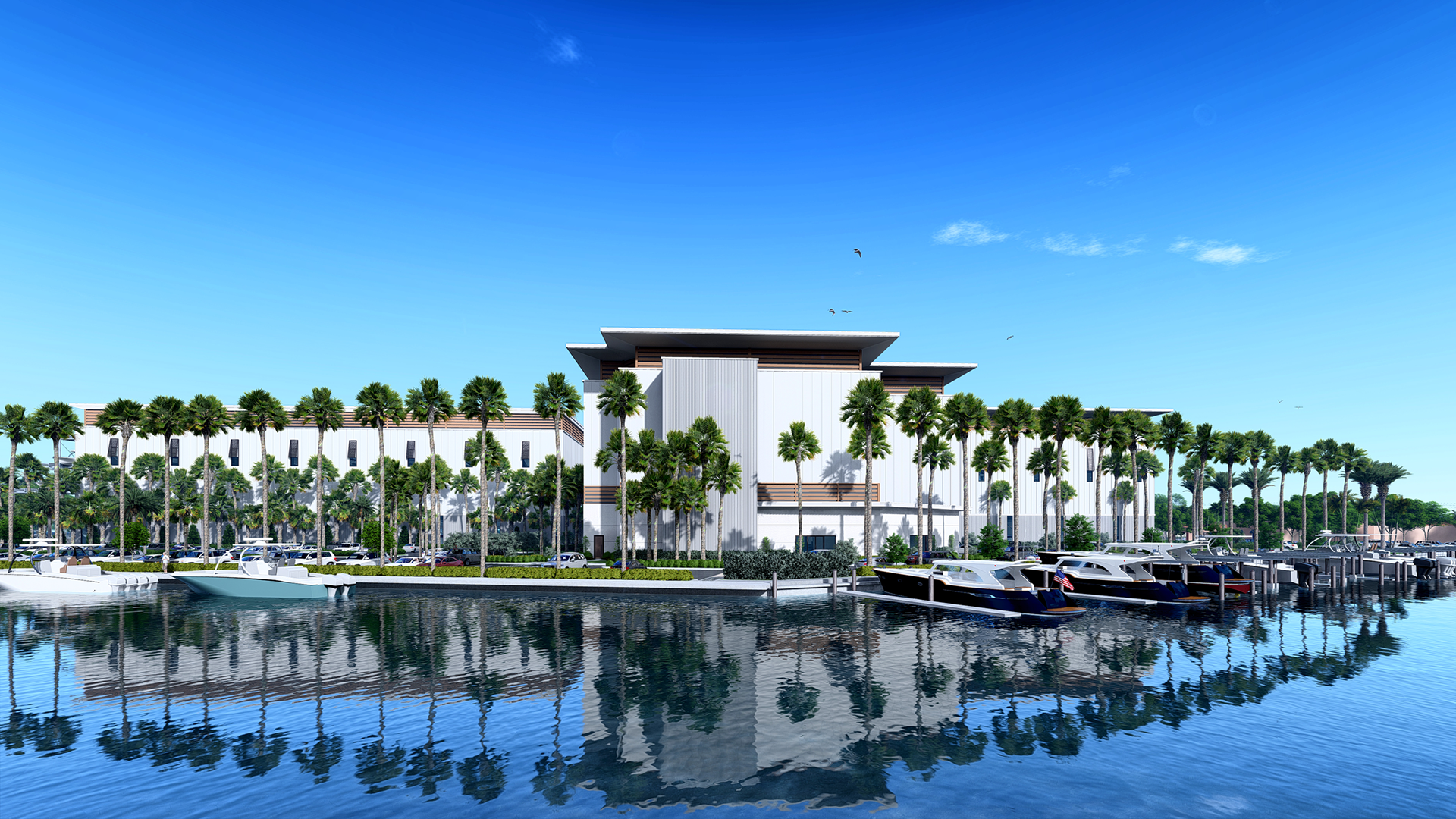 Architectural rendering of a white waterfront building with palm-lined grounds and yachts docked at slips, location not identified.